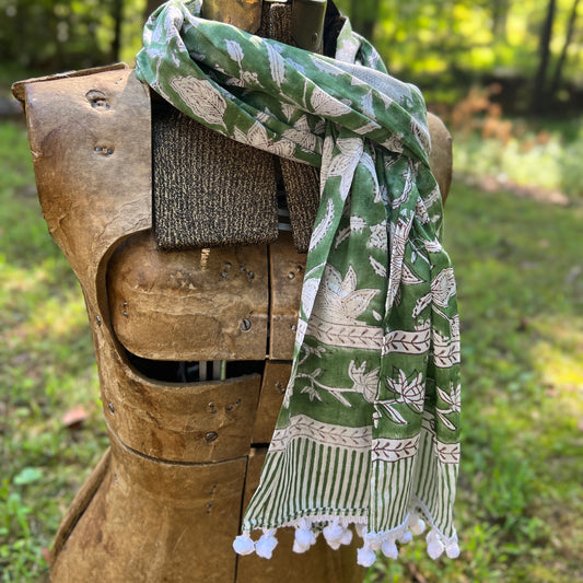 Block Printed Cotton Scarf - Spring Green with Lotus Flowers