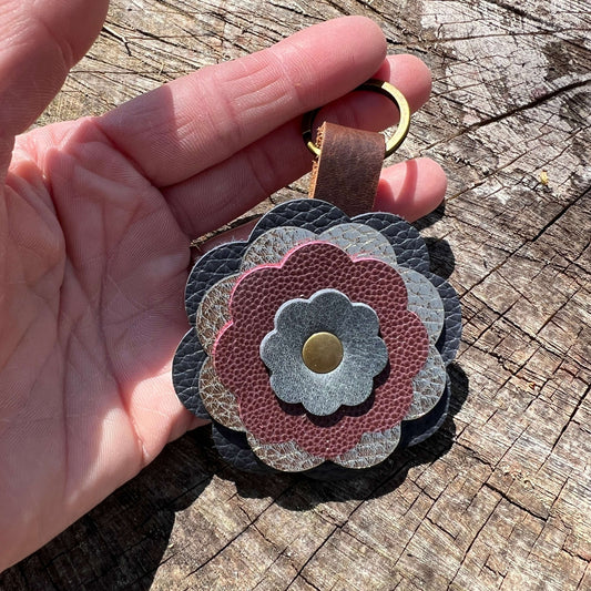 Leather Flower Bag Charm - Deep Blue, Gold, Plum Wine