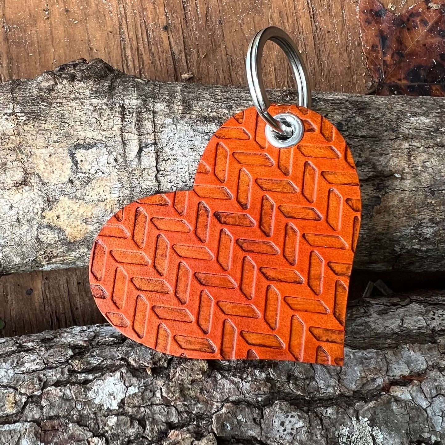 knit embossed leather heart keychain