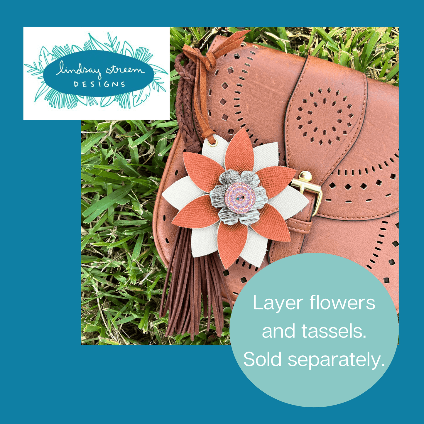 Leather Flower Purse Charms - Deluxe Flower in Gray and Purple