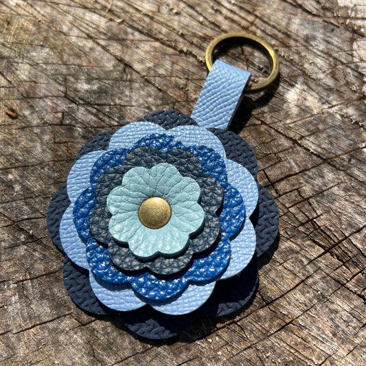 Blue Leather Flower Bag Charm and key chain