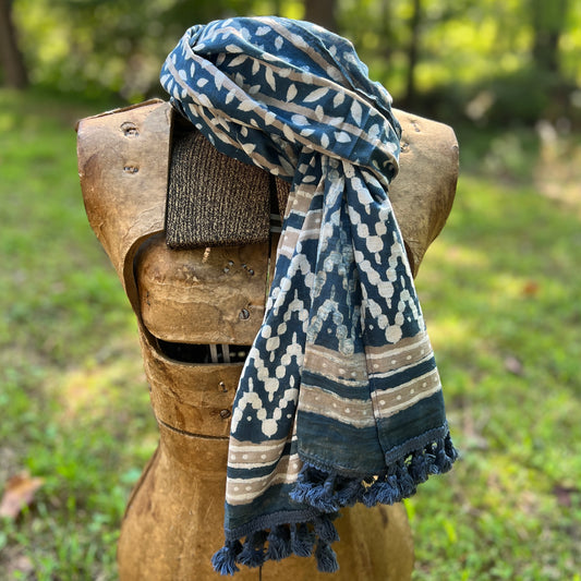 Block Printed Cotton Scarf - Navy and Taupe Leafy Stripes