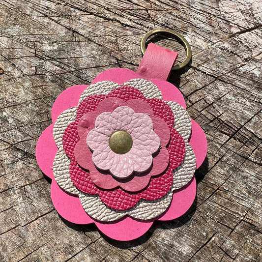 pink leather flower bag charm in pink