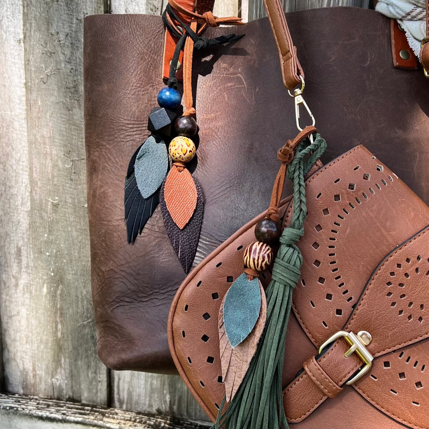 leather feather bag charms