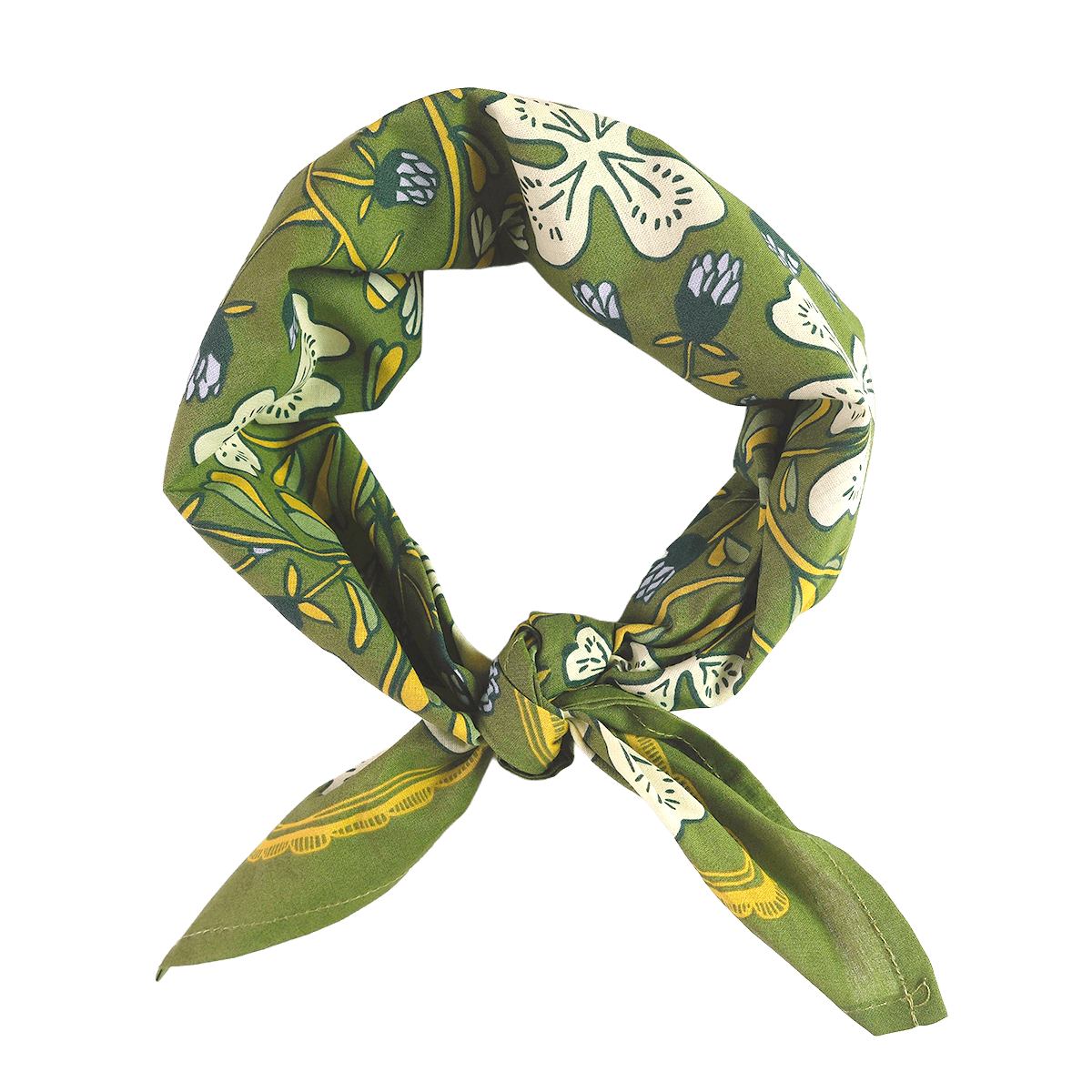 Green floral patterned headscarf on a white background