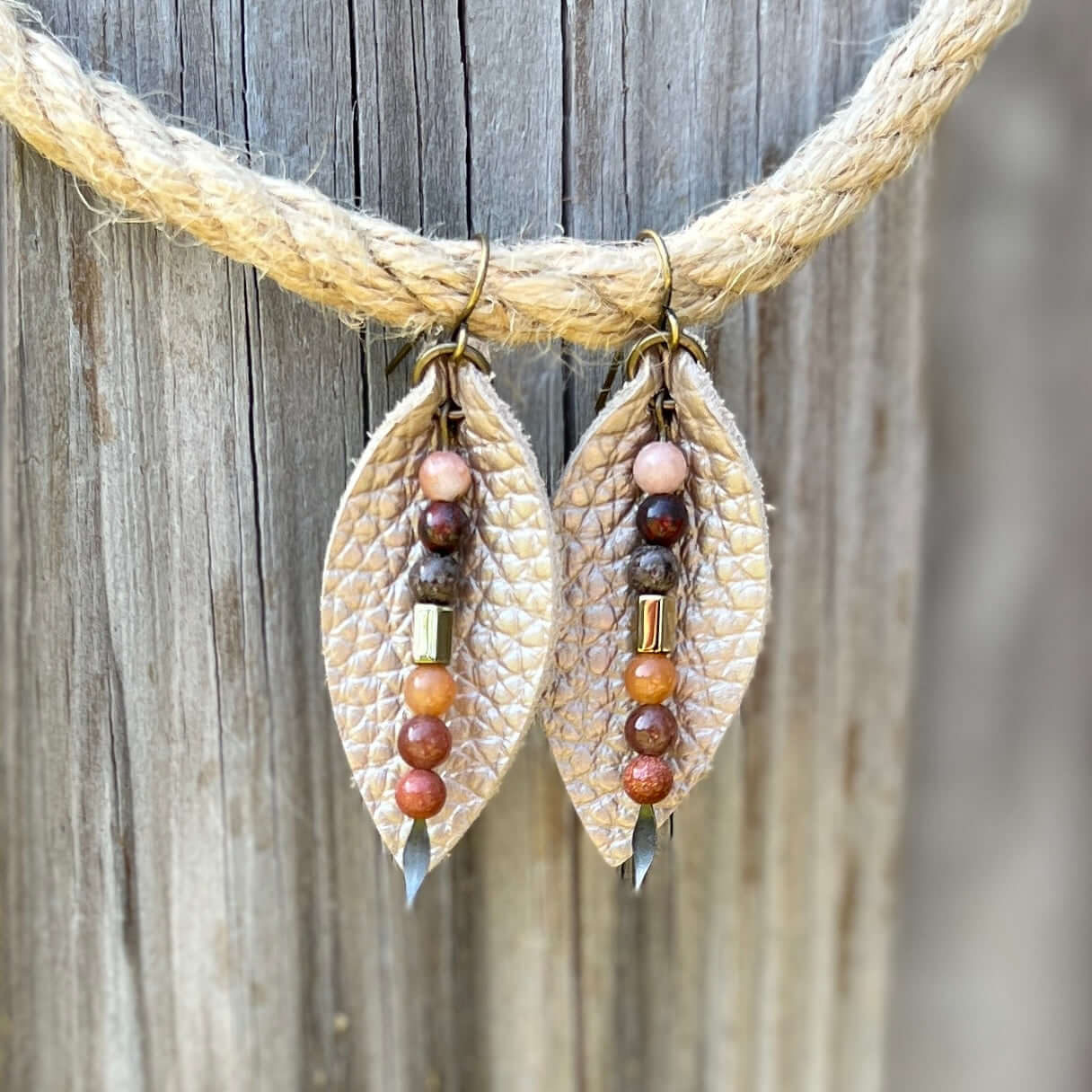Leather Petal Earrings - Champagne Beige with Jasper