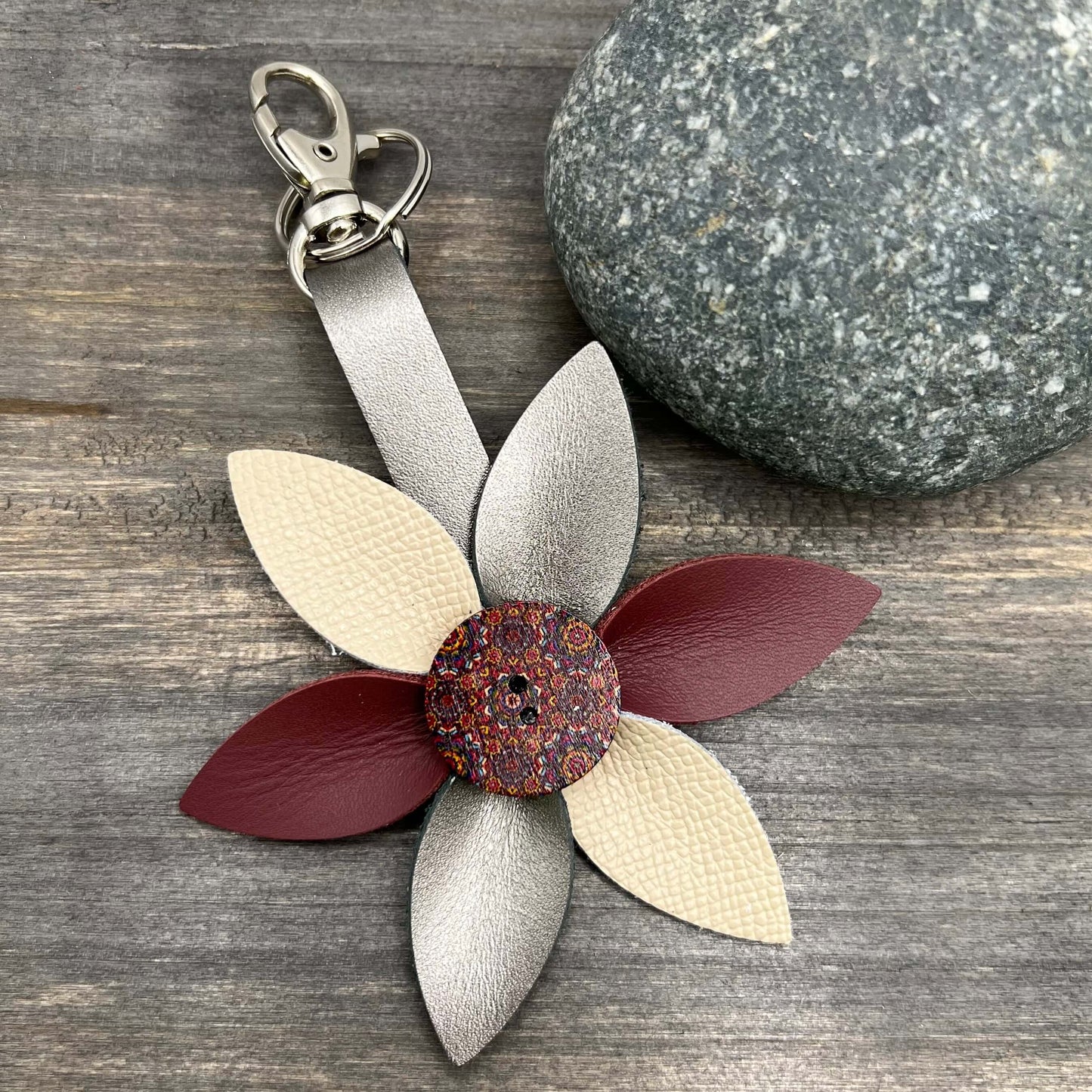 Leather Flower Bag Charm Keychain - Deep Red, Gunmetal and Cream