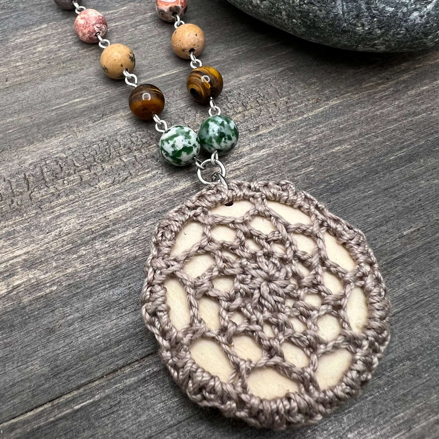 Boho Crochet Pendant Statement Necklace - Small Mandala Pendant - Taupe