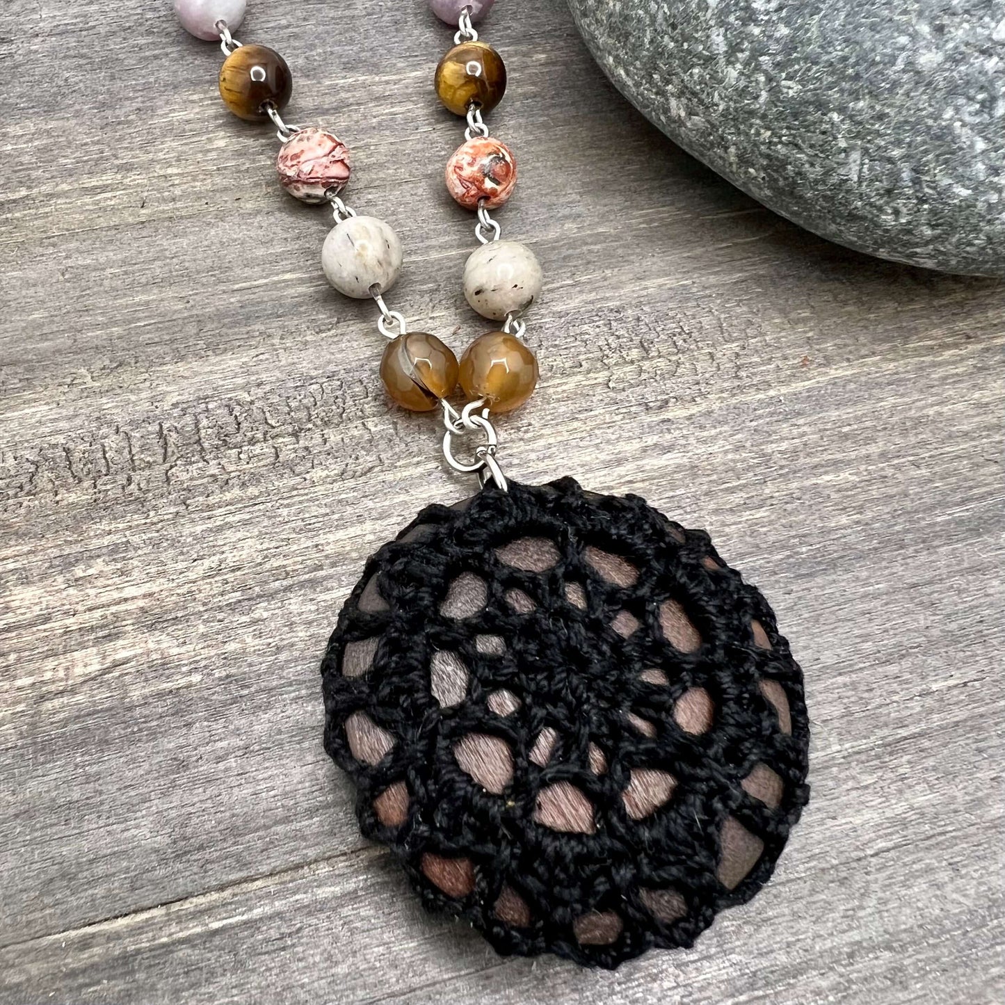 Boho Crochet Pendant Statement Necklace - Small Mandala Pendant - Black