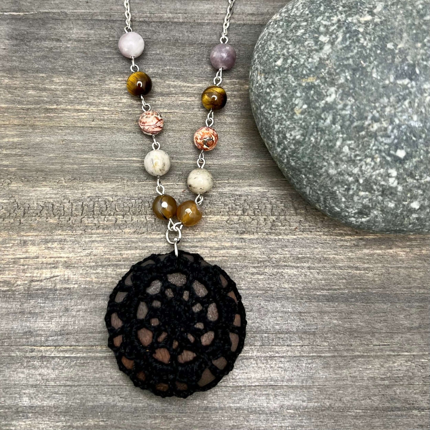 Boho Crochet Pendant Statement Necklace - Small Mandala Pendant - Black