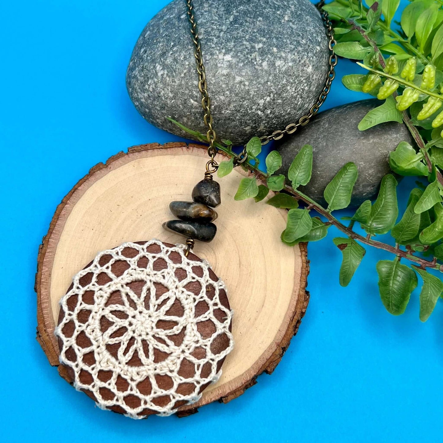cream crocheted pendant necklace with himalayan riverstone on long chain