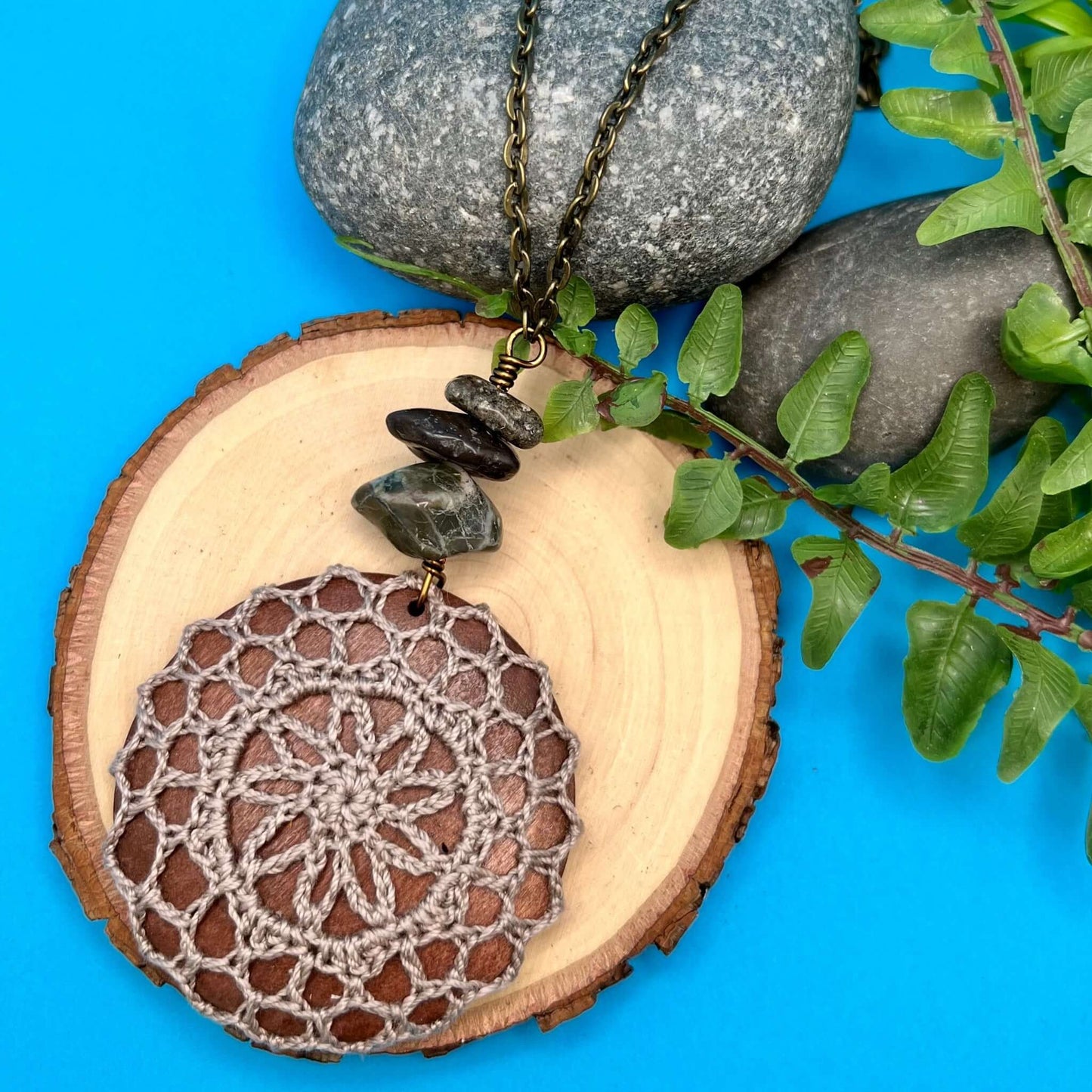 taupe brown crocheted mandala pendant necklace on long chain