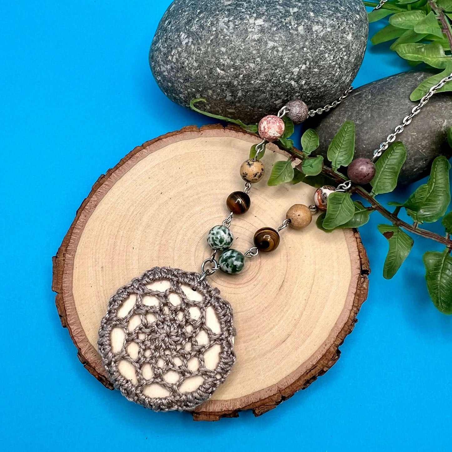 Boho Crochet Pendant Statement Necklace - Small Mandala Pendant - Taupe