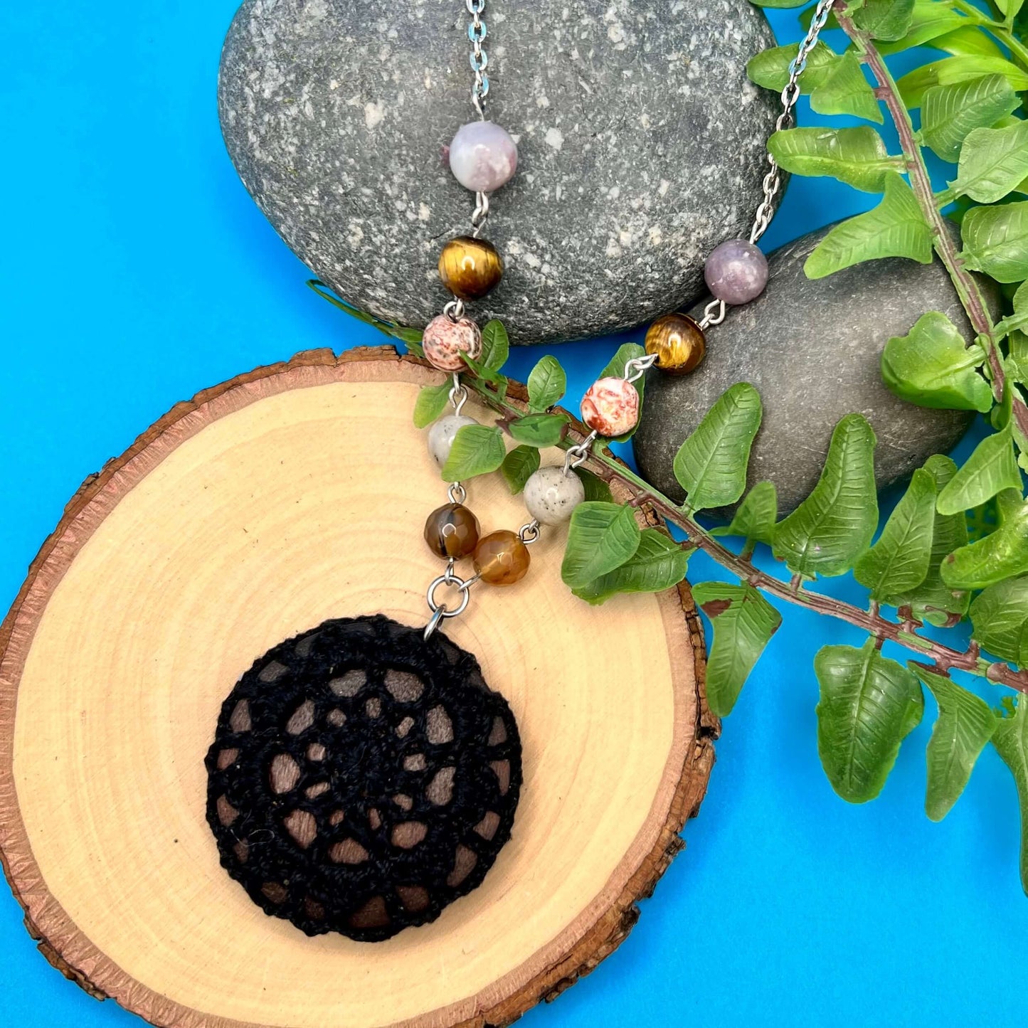 Boho Crochet Pendant Statement Necklace - Small Mandala Pendant - Black