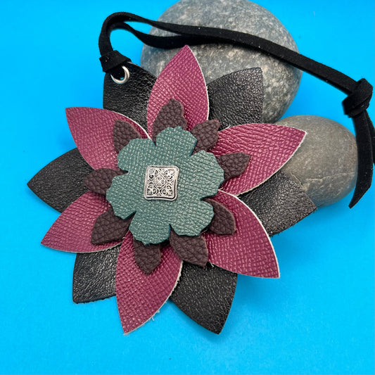 black, purple and teal genuine leather flower purse charm