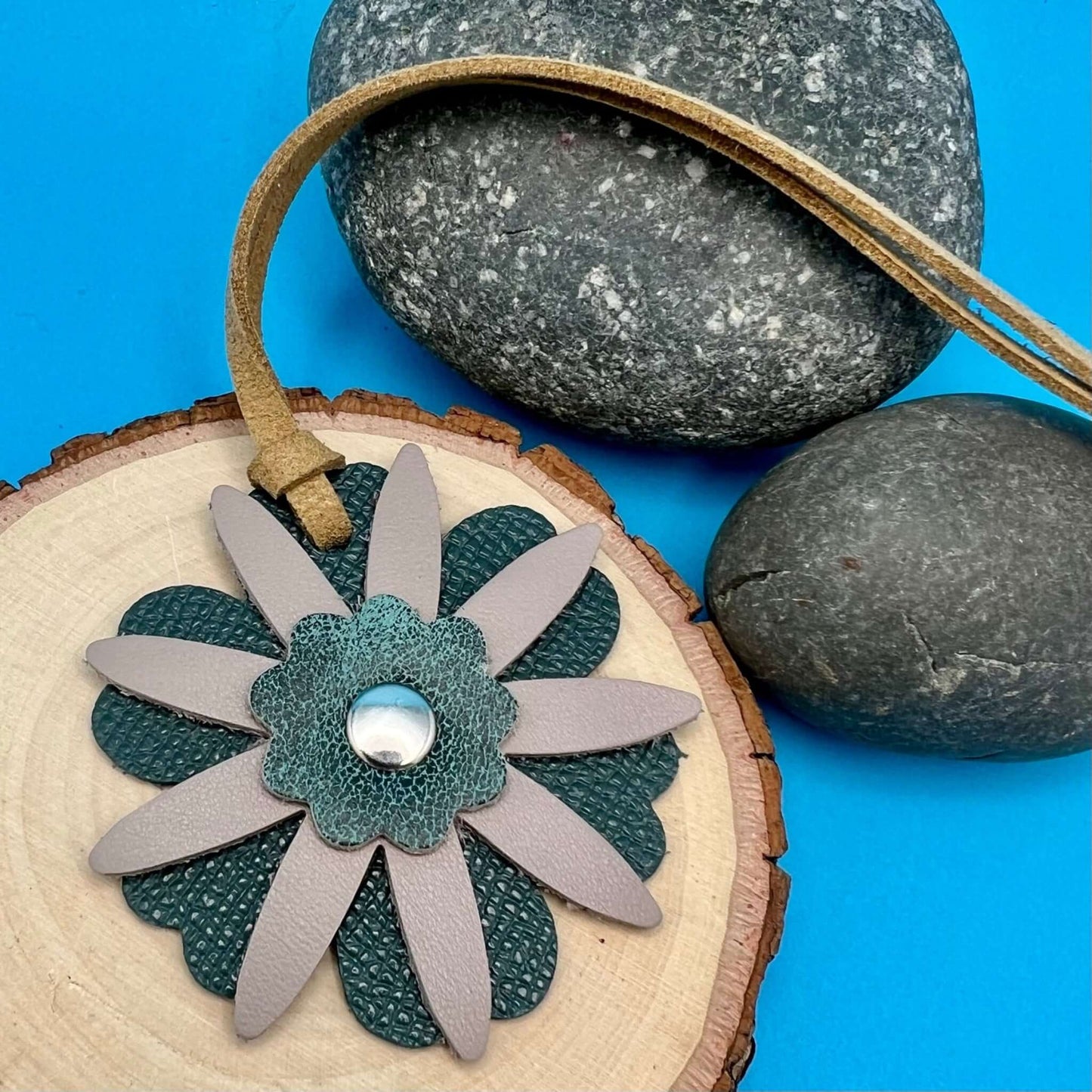 teal and taupe small leather flower purse charm