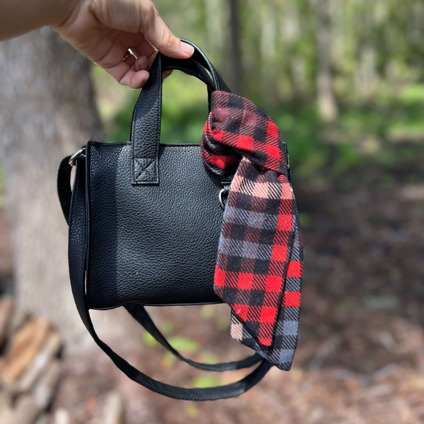 plaid flannel skinny scarf on small black purse