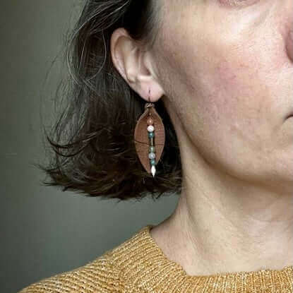 Leather Petal Earrings - Black with Red Aventurine
