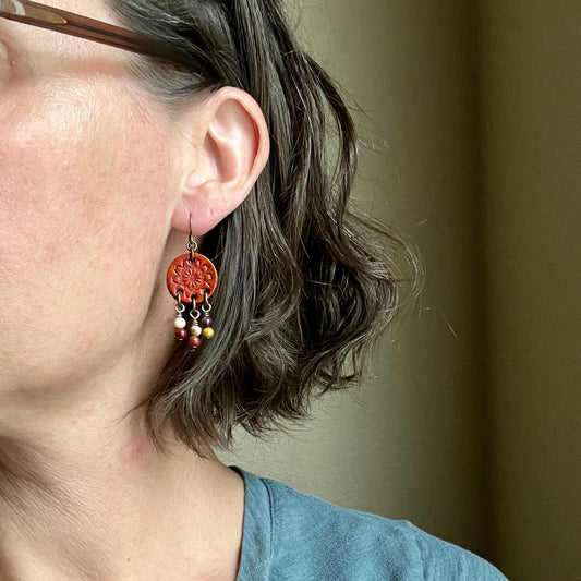 Leather Coin Earrings with Natural Stone Dangles