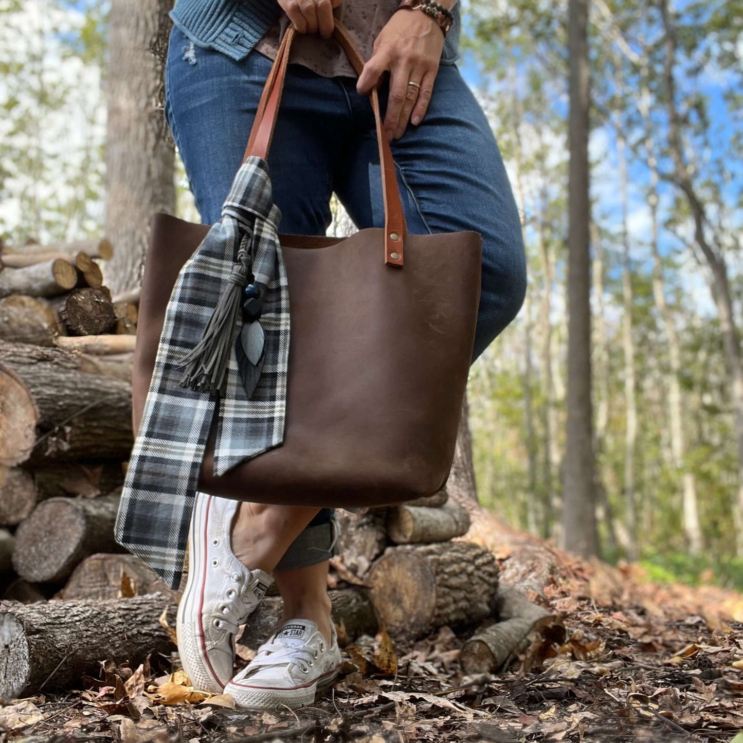 Plaid Purse Scarf - Skinny Black and Brown Flannel