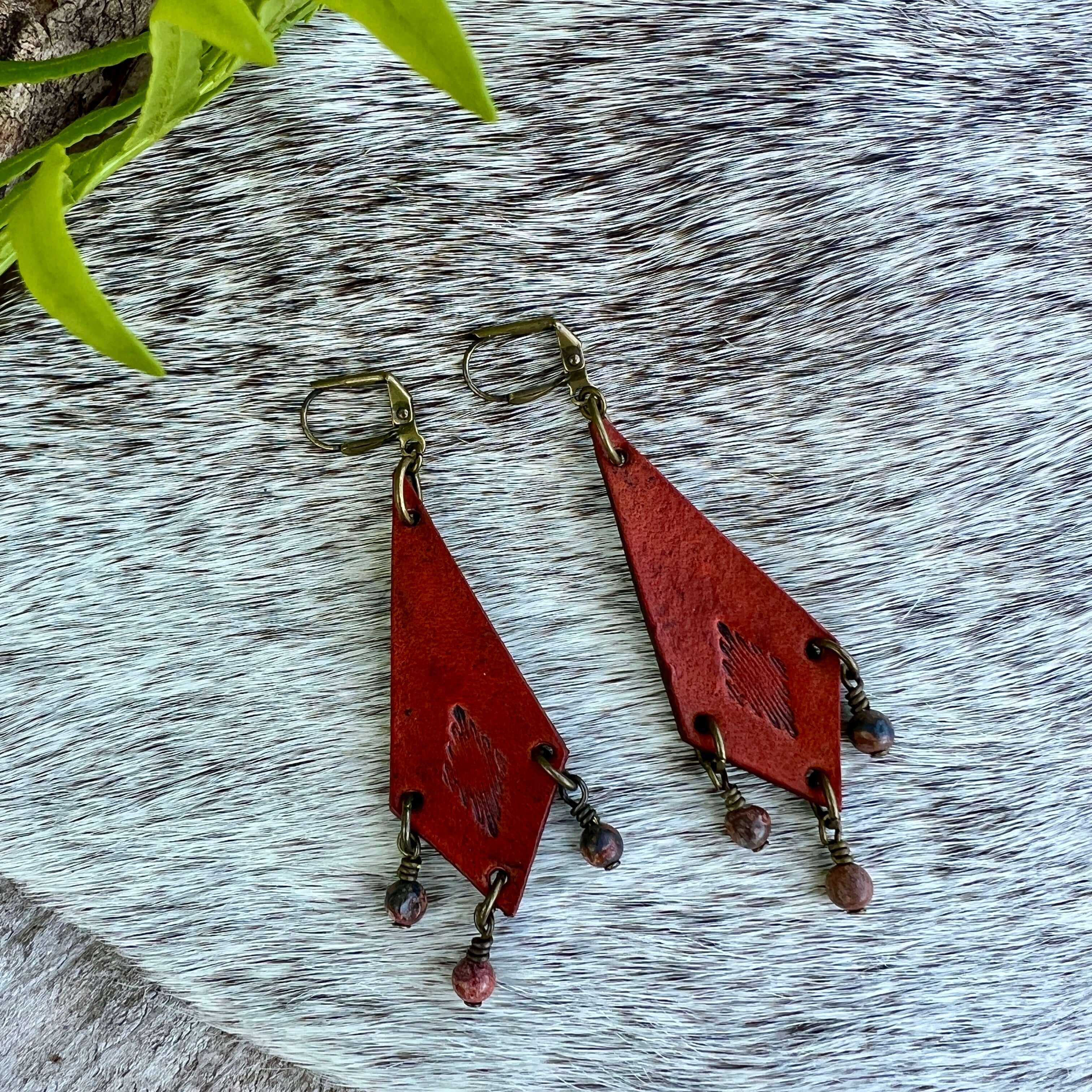 Western Style Leather Chandelier Earrings with Leopard Jasper