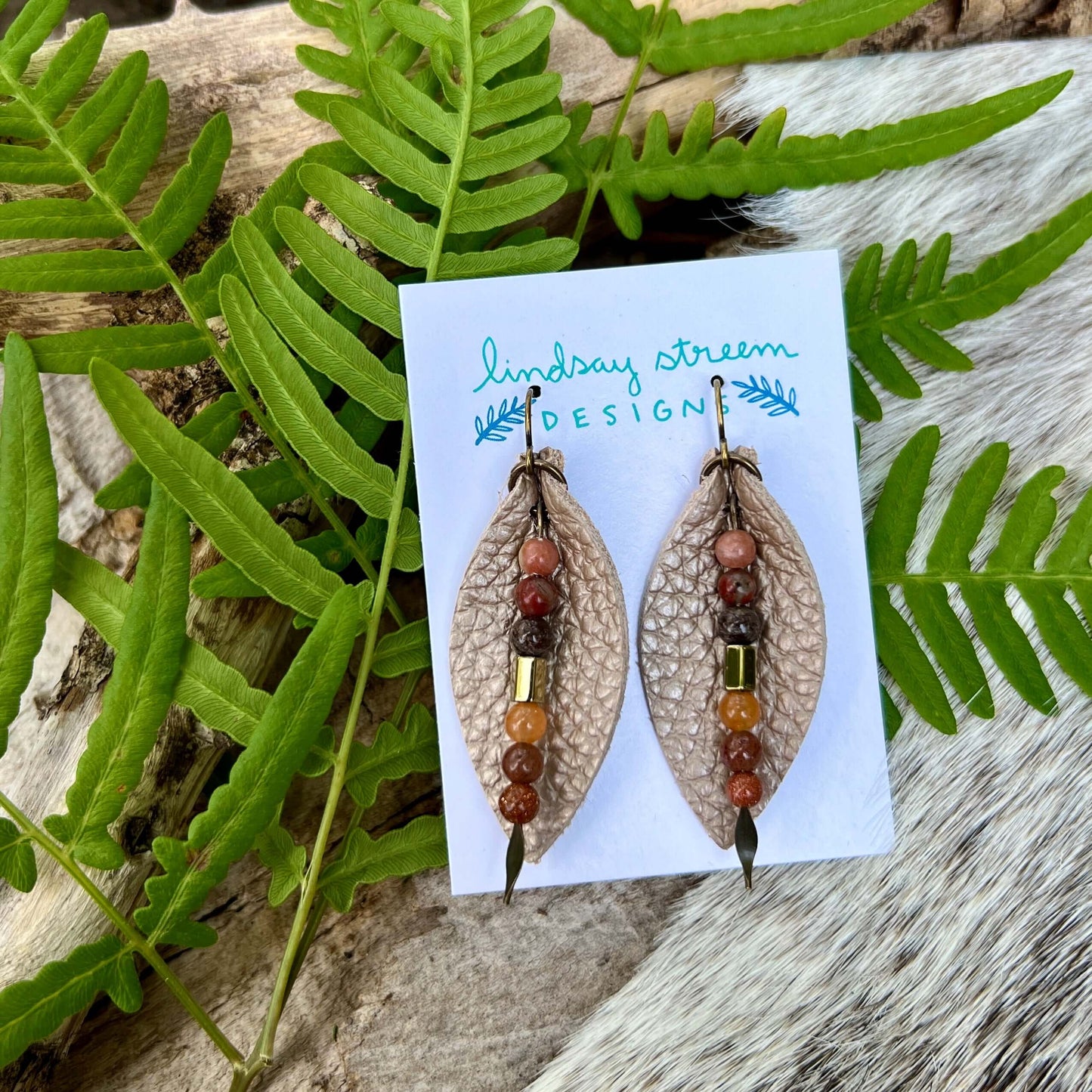 Leather Petal Earrings - Champagne Beige with Jasper