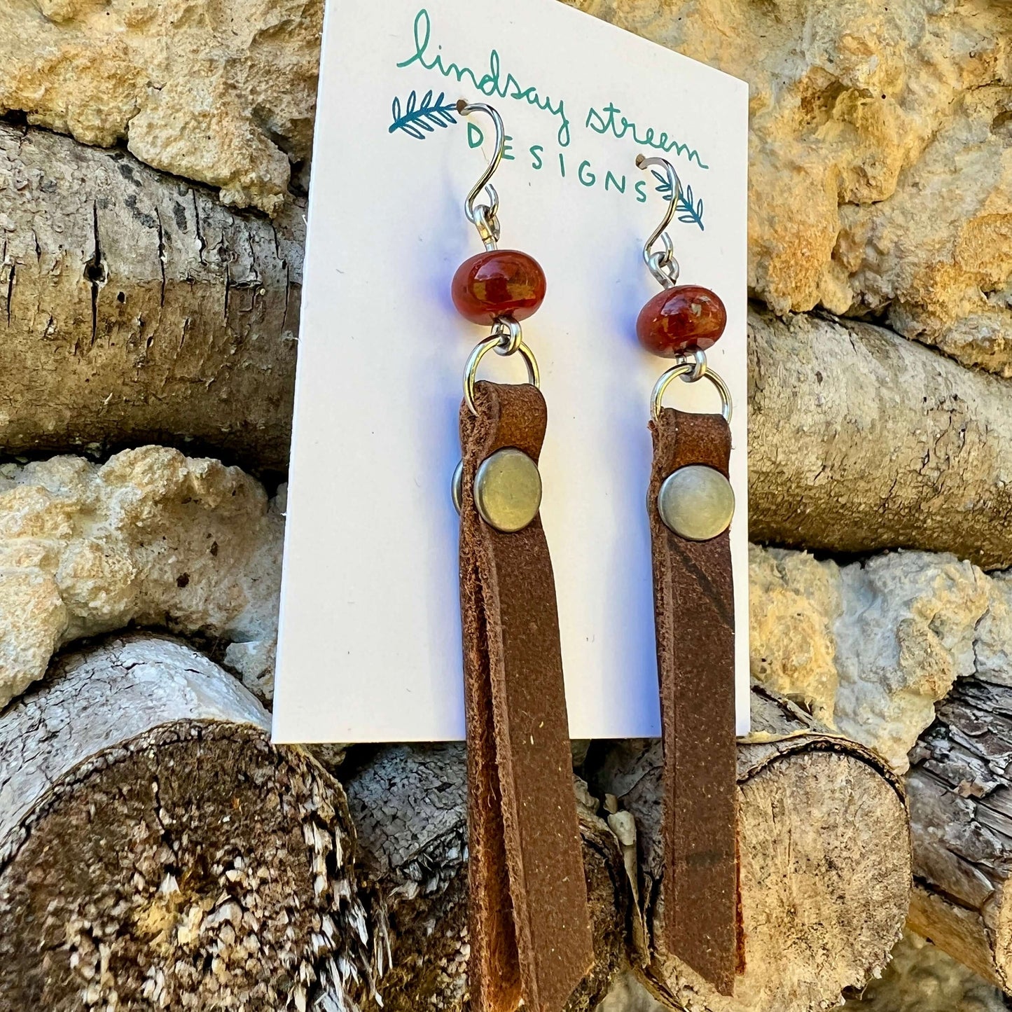 Leather Tassel Earrings - Rustic Brown with Red Jasper