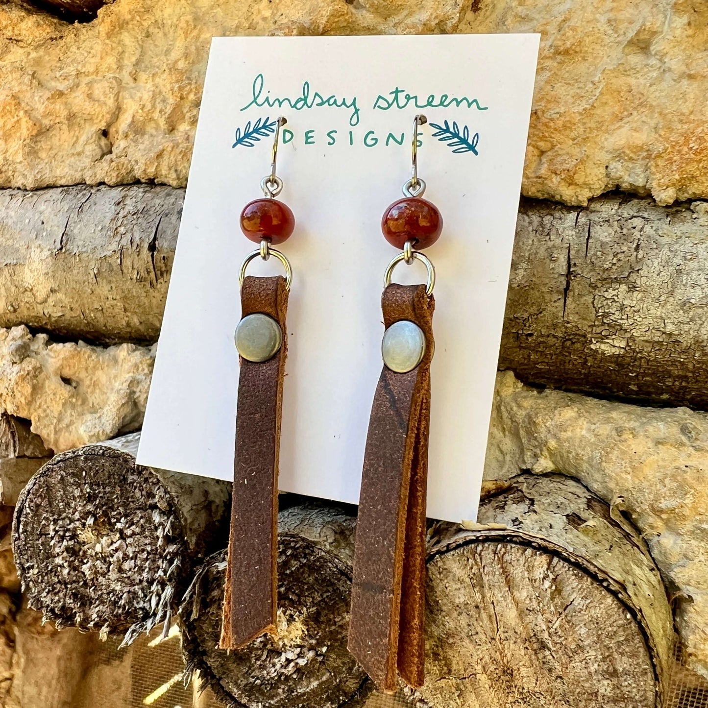 Leather Tassel Earrings - Rustic Brown with Red Jasper