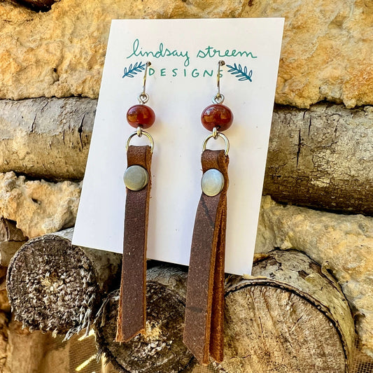 Leather Tassel Earrings - Rustic Brown with Red Jasper