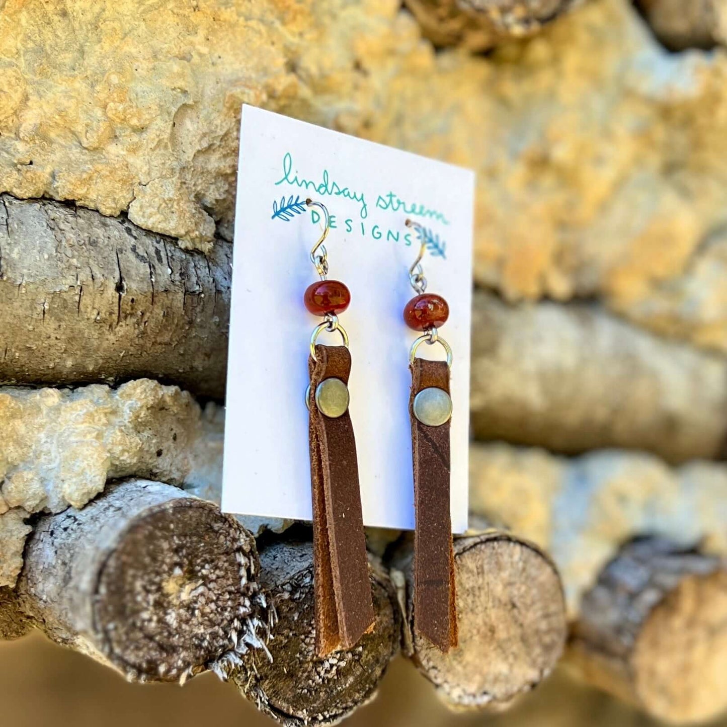 Leather Tassel Earrings - Rustic Brown with Red Jasper