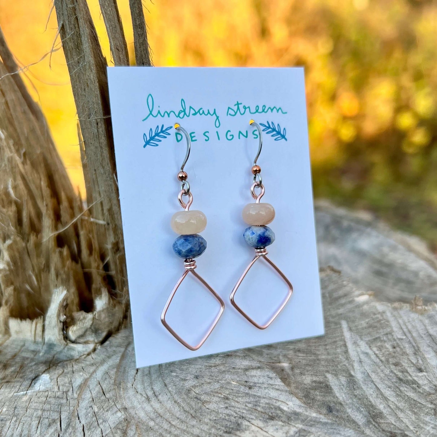 Square Hoop Earrings - Rose Gold with Pink Aventurine and Blue Jasper