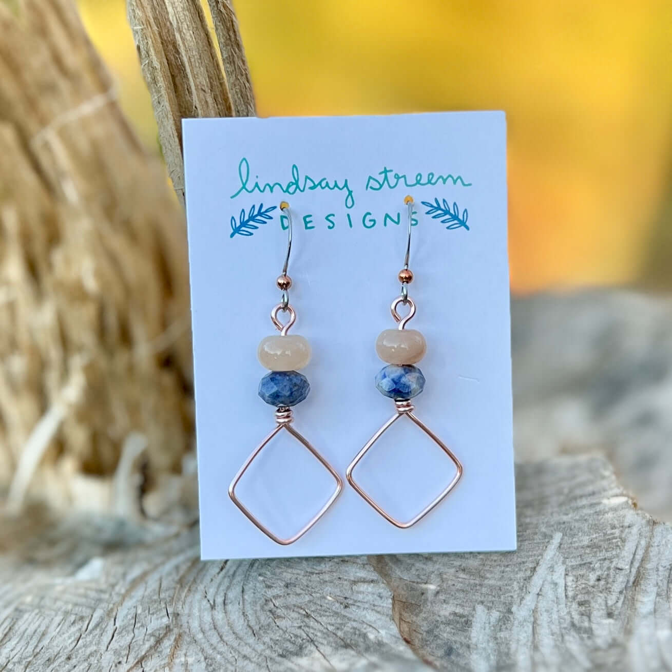 Square Hoop Earrings - Rose Gold with Pink Aventurine and Blue Jasper