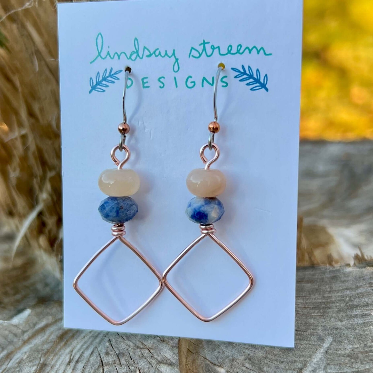 Square Hoop Earrings - Rose Gold with Pink Aventurine and Blue Jasper