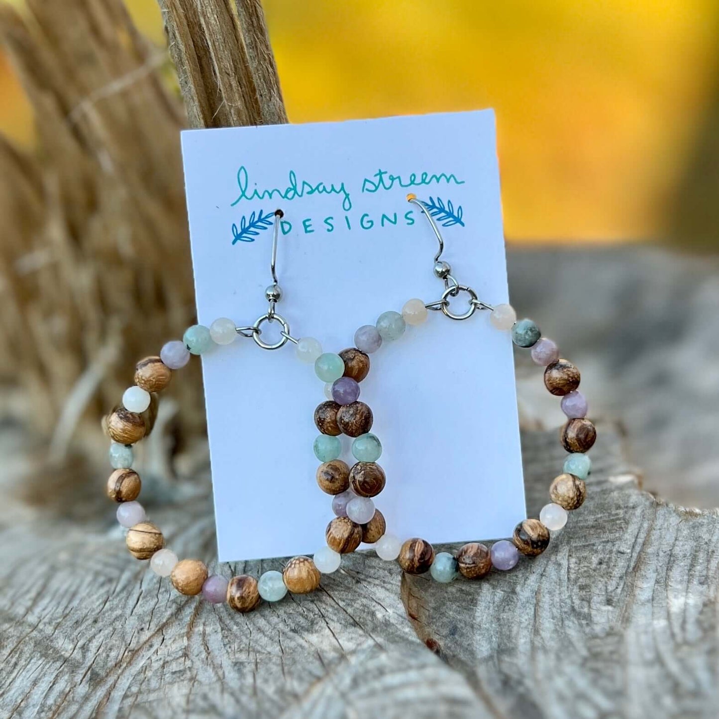 Woodland Hoop Earrings - Light Wood and Pastel Jasper
