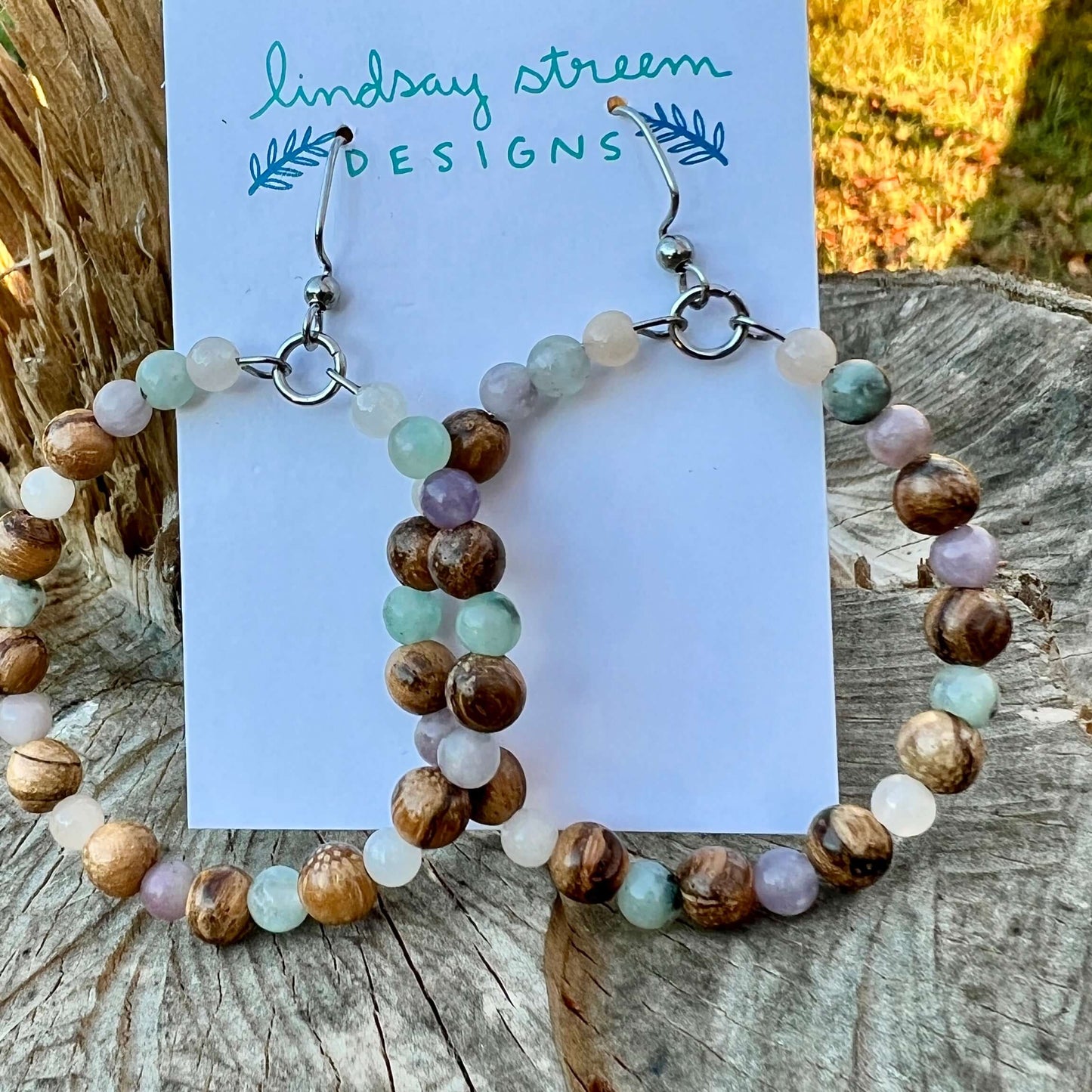 Woodland Hoop Earrings - Light Wood and Pastel Jasper