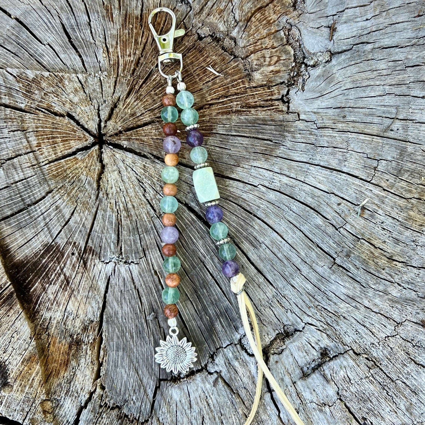 Beaded Bag Charm with Rainbow Fluorite and Amazonite