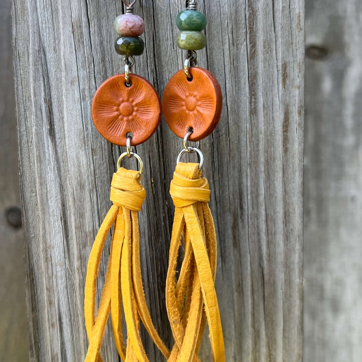 Leather Tassel Earrings - Golden with Fancy Jasper