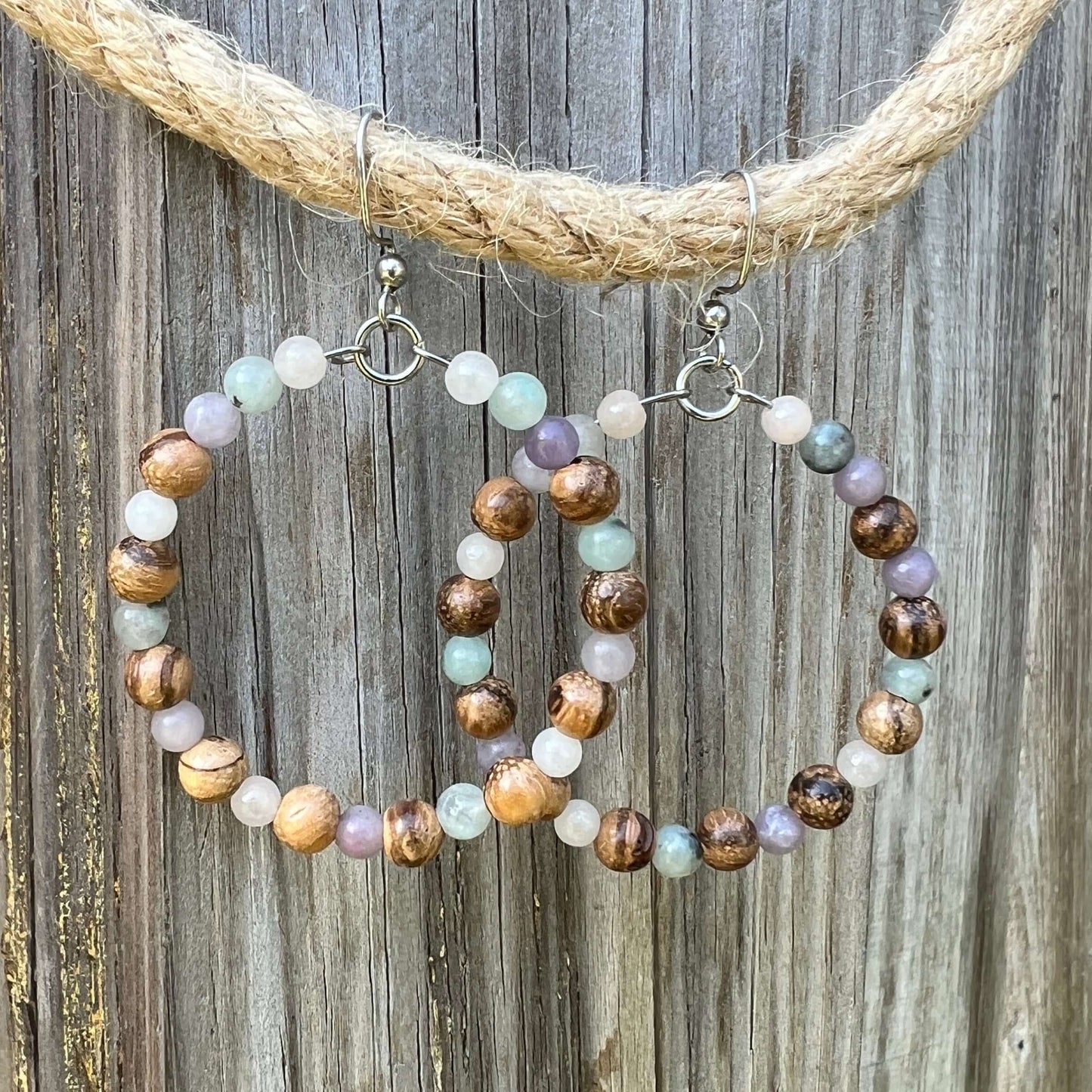 Woodland Hoop Earrings - Light Wood and Pastel Jasper