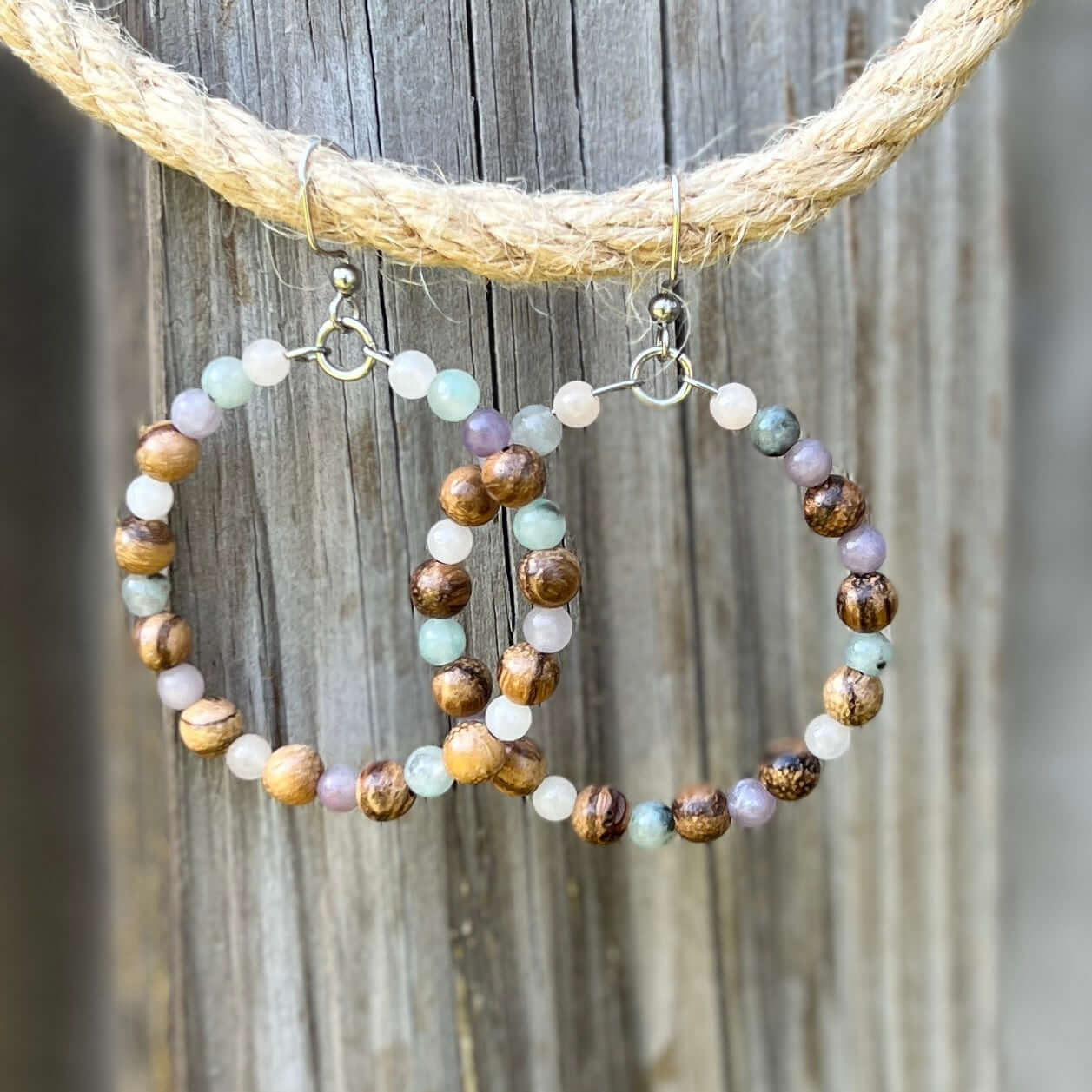 Woodland Hoop Earrings - Light Wood and Pastel Jasper