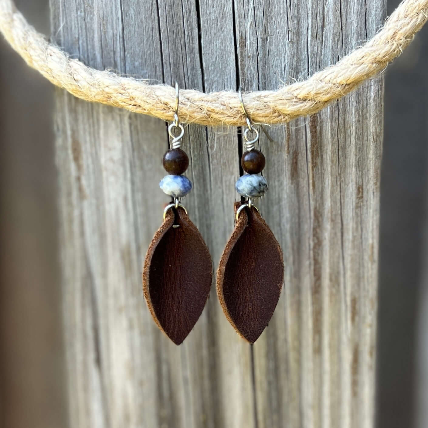 Western Style Earrings - Brown Leather Petal and Blue Spot Jasper