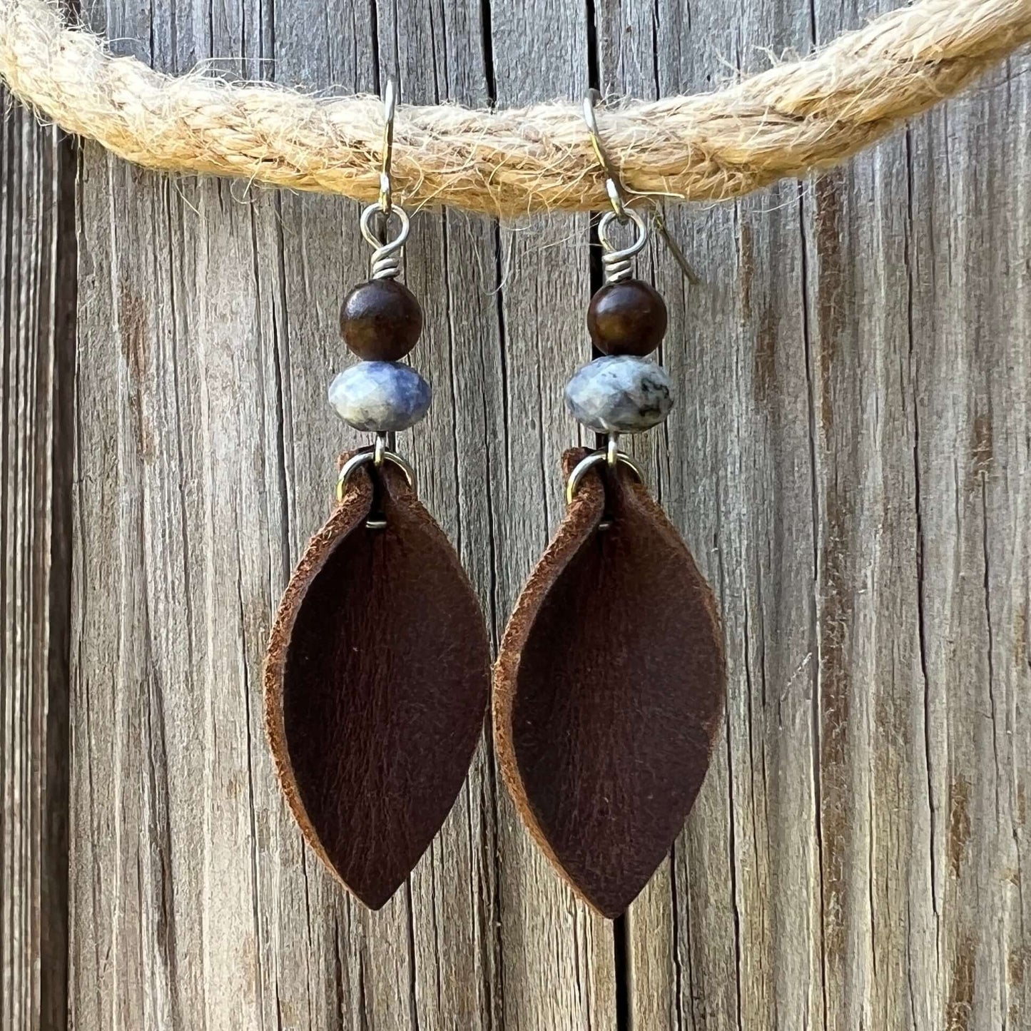 Western Style Earrings - Brown Leather Petal and Blue Spot Jasper