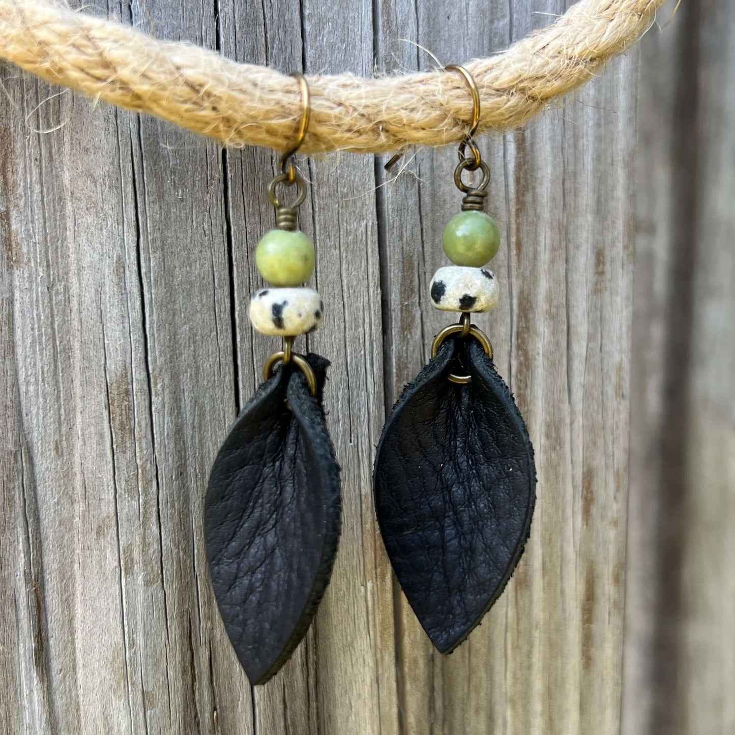 Western Style Leather Petal Dangle Earrings - Black with Dalmatian & Green Jasper