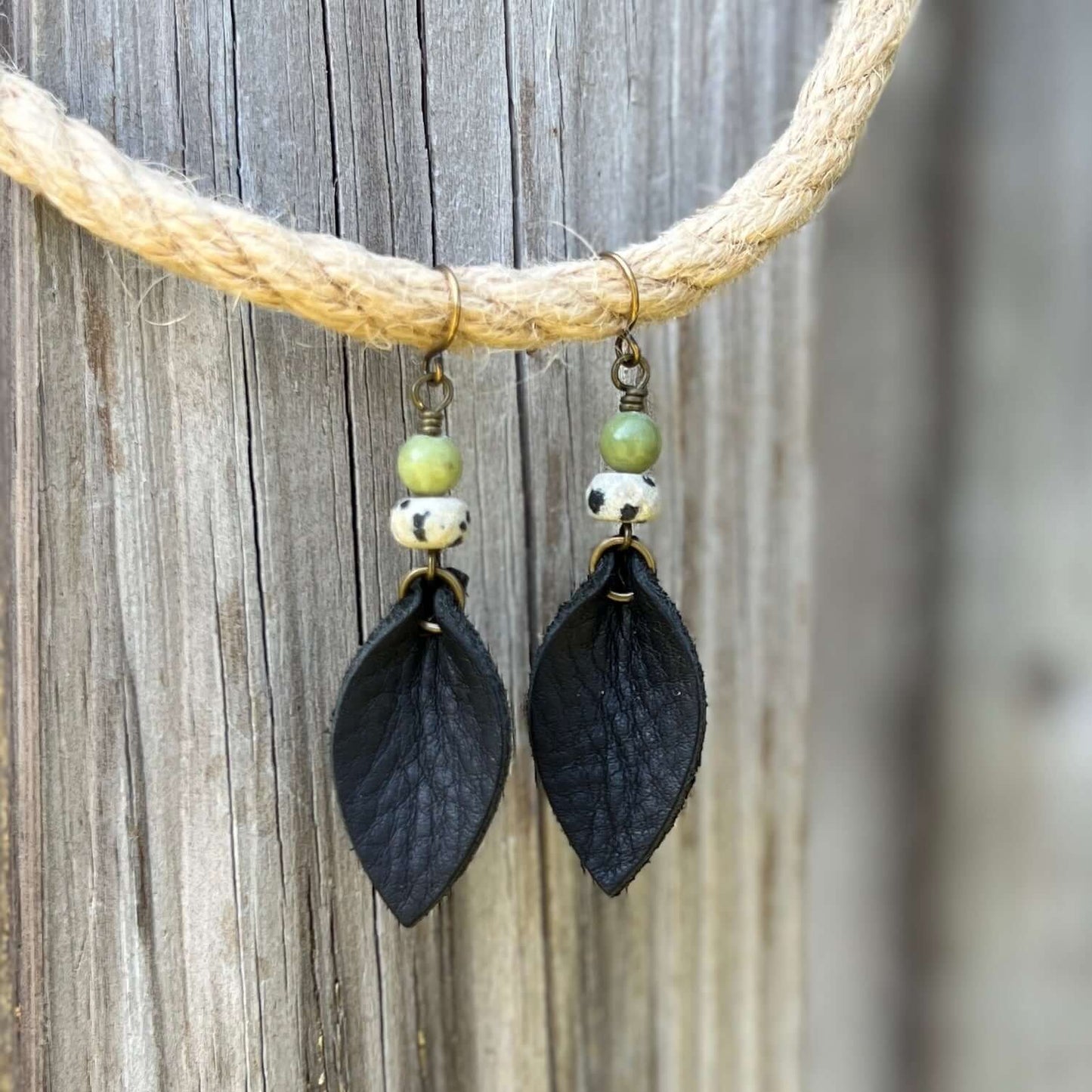 Western Style Leather Petal Dangle Earrings - Black with Dalmatian & Green Jasper