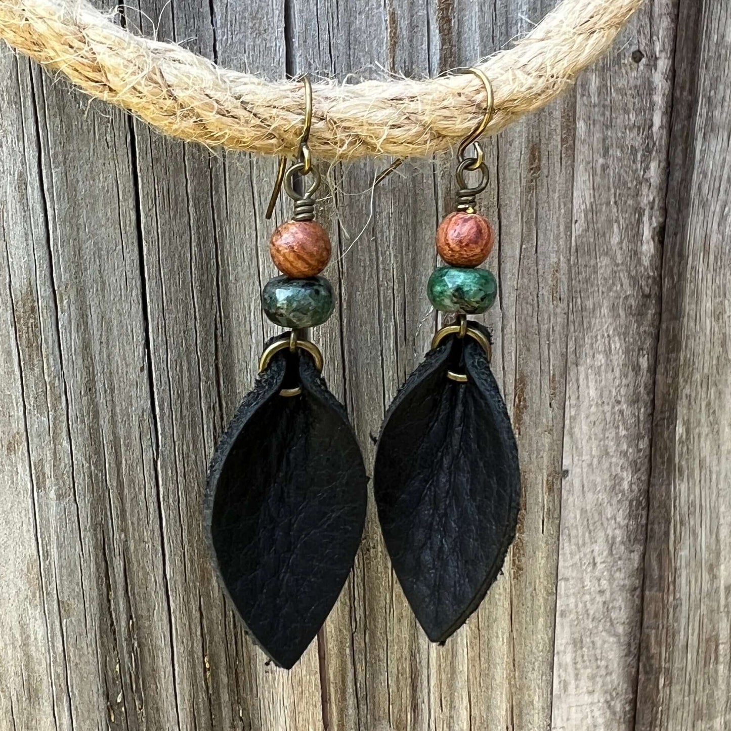 Western Style Leather Petal Dangle Earrings - Black with Wood & Ruby Zoisite