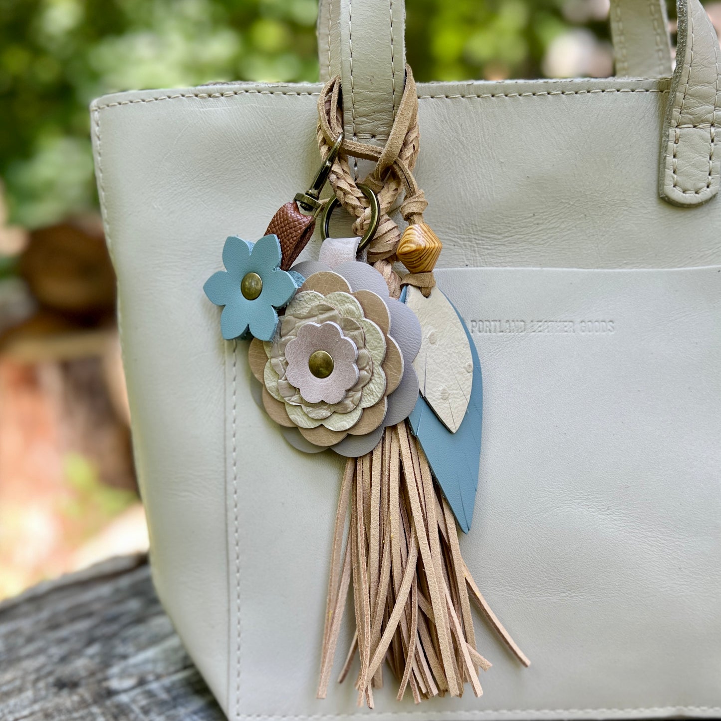 Leather Feather Bag Charm in Steel Blue and Beige