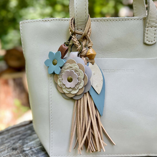 Leather Feather Bag Charm in Steel Blue and Beige