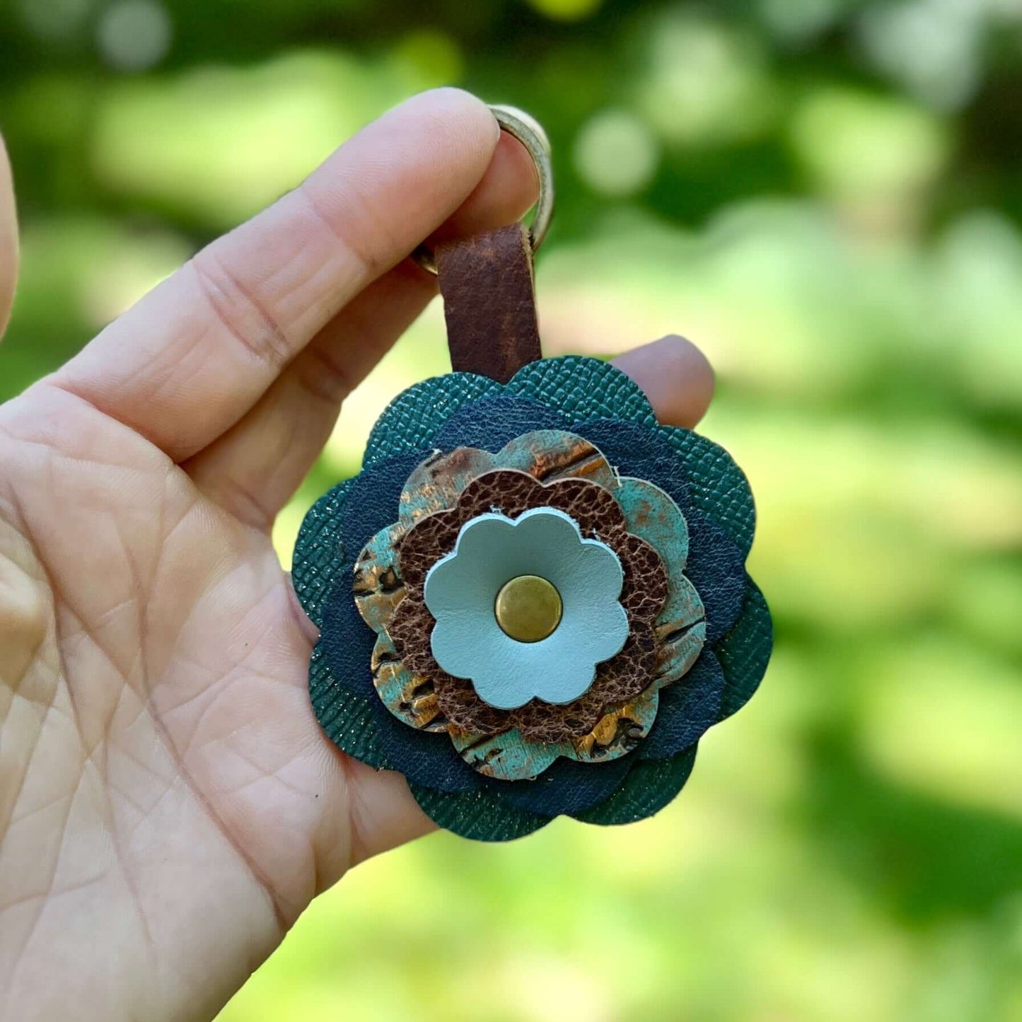 Leather Flower Bag Charm - Blue and Brown