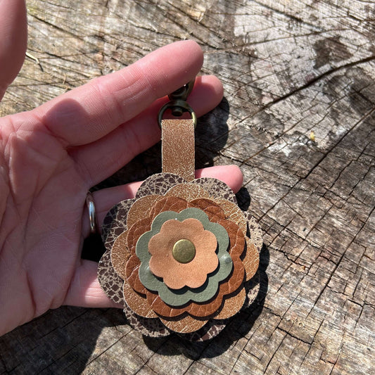 Leather Flower Bag Charm and Key Chain in Shades of Brown