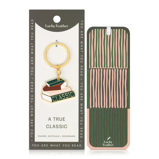 Lucky Feather enamel keychain and bookmark with packaging on a white background