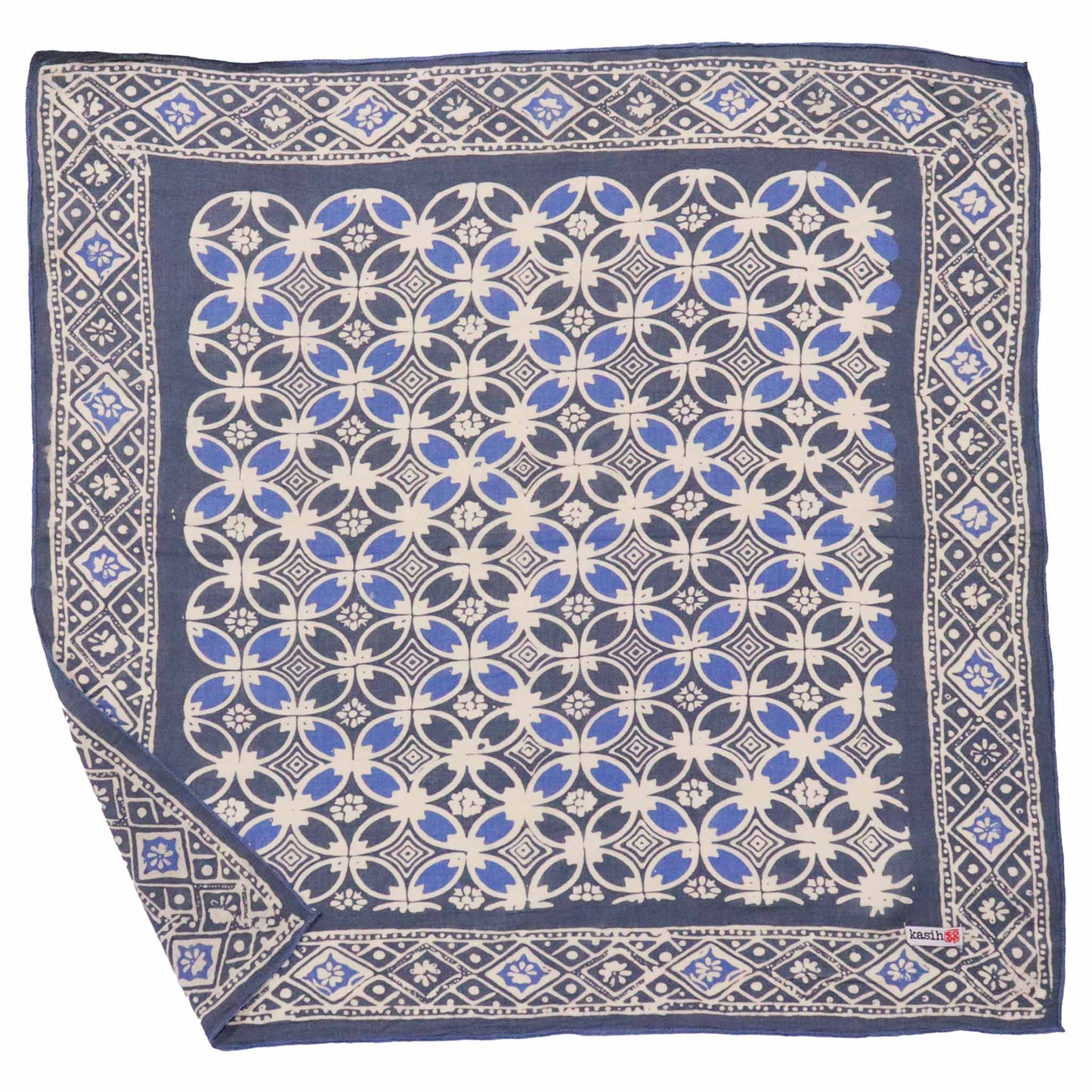 Patterned bandana with blue and beige design on a white background